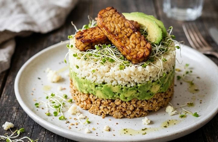 Arroz de coliflor con aguacate, tempeh y germinados montado en aro