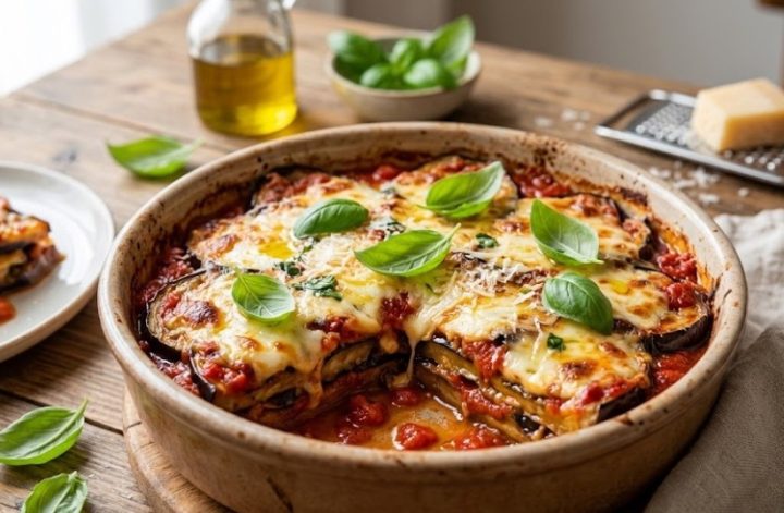 Berenjenas a la parmesana gratinadas en fuente de barro con albahaca