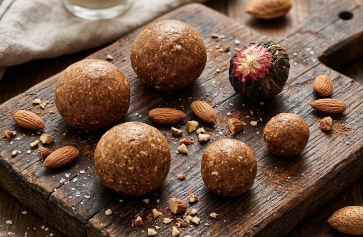 Bocaditos energéticos de almendra sobre tabla de madera