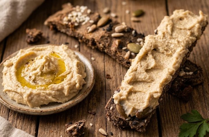 Coca de cereales y semillas con hummus