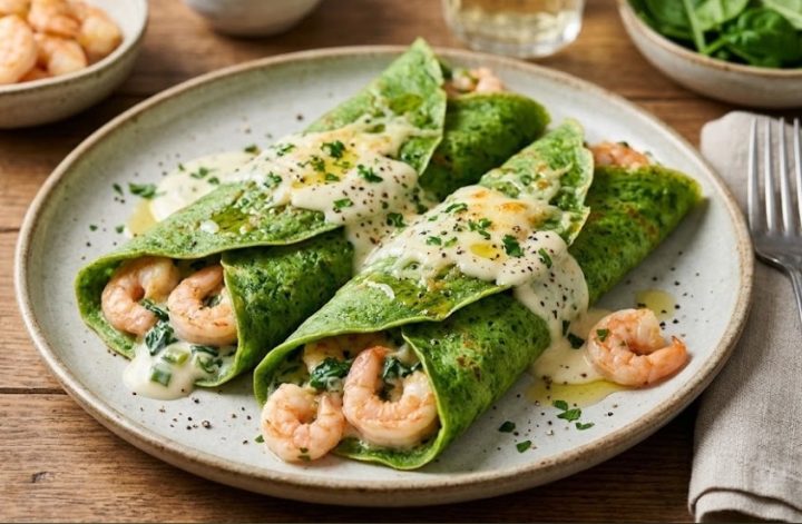 Crepes de espinaca rellenas de gambas