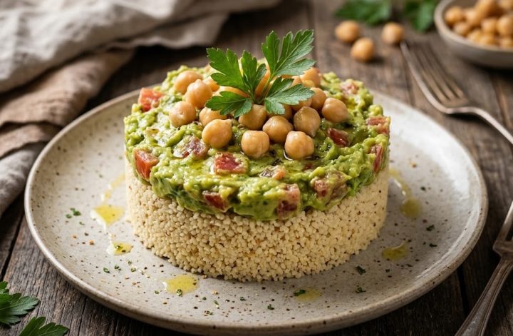 Cuscús con guacamole y garbanzos montado en aro