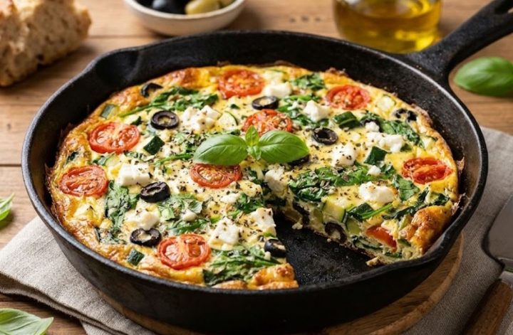 Frittata mediterránea con verduras y queso en sartén de hierro