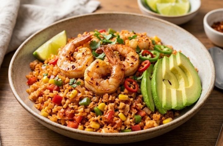 Langostinos con arroz de coliflor a la mexicana y aguacate