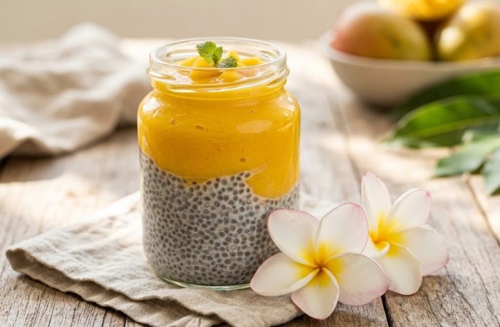 Pudding de chía con crema de mango en tarro de cristal