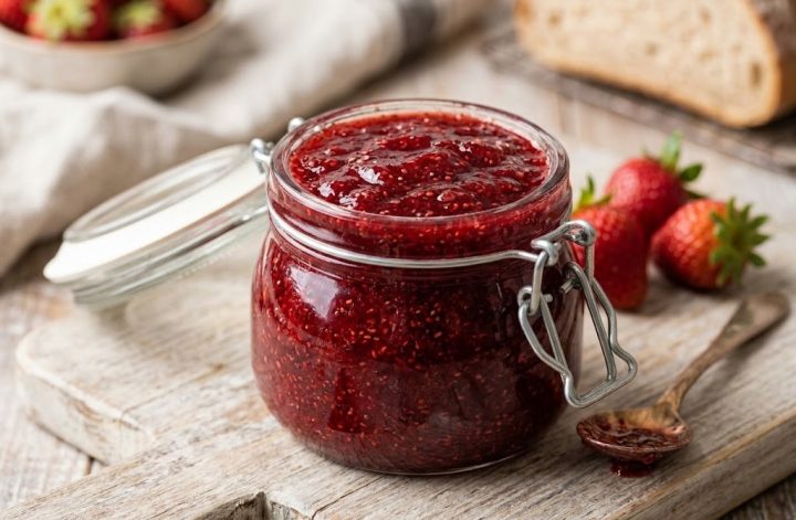 Mermelada casera de fresas y chía en tarro de cristal