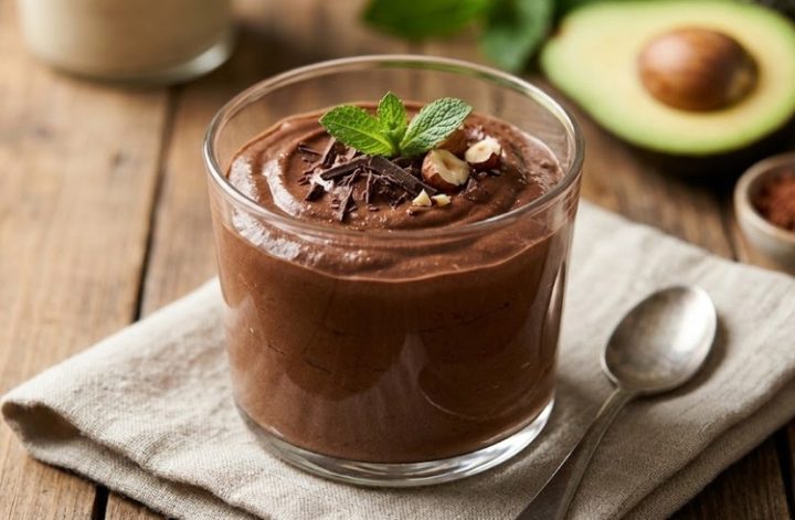 Mousse de chocolate y aguacate en vaso con menta y avellanas