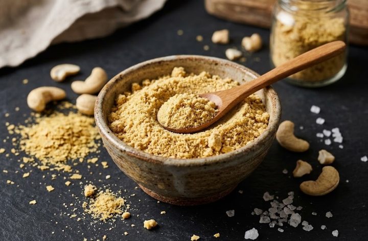 Parmesano vegano de anacardos y levadura nutricional en un bol