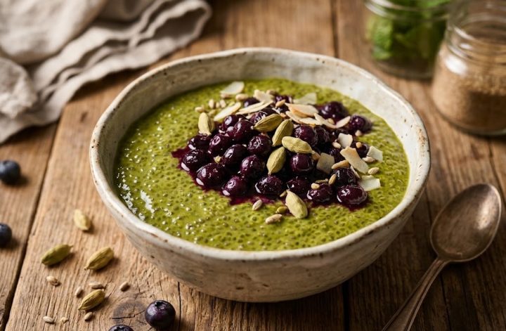 Pudding de chía y matcha con arándanos salteados con cardamomo, coco y pipas
