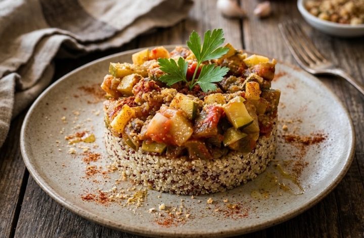 Quinoa con pisto de verduras montada en aro