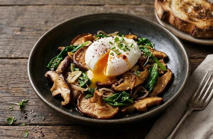 Setas shiitake salteadas con espinacas y huevo escalfado
