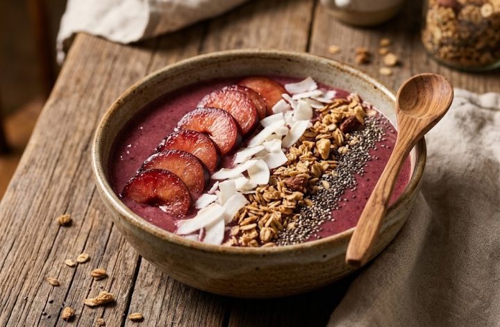 Smoothie bowl de ciruela con coco, chía y granola