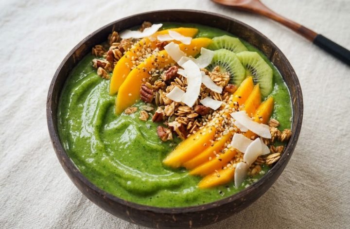 Smoothie bowl verde de mango con fruta, granola y coco