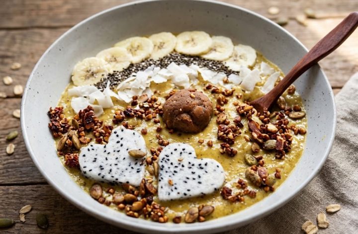 Smoothie bowl de mango con pitaya, coco, chía y granola