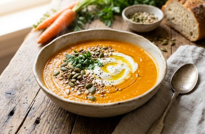 Sopa de zanahoria y tomate con skyr, pipas de calabaza y perejil