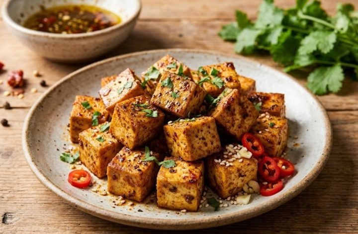 Tofu marinado con especias cajún en dados dorados