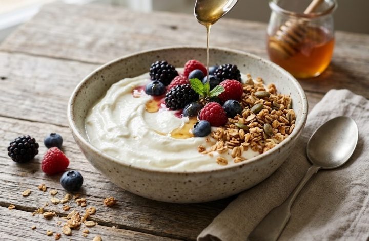 Bol de yogur casero con frutos rojos y granola